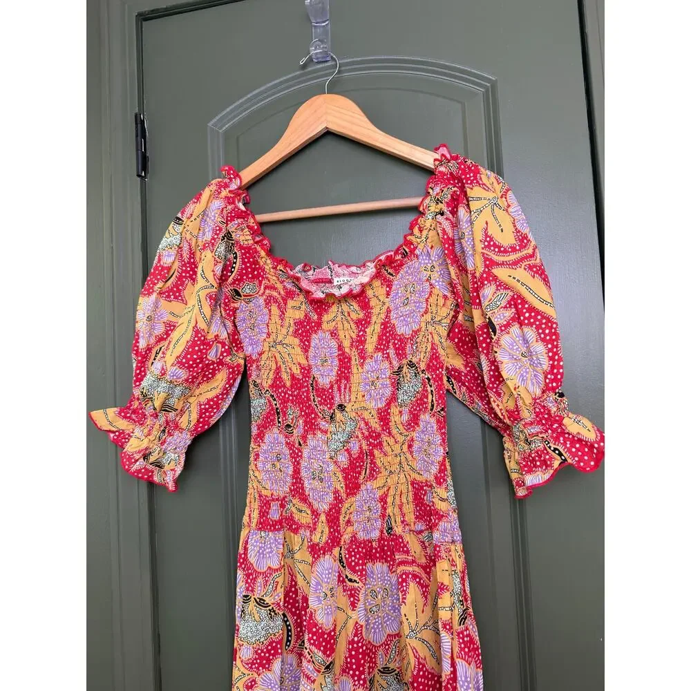 EUC Rhode Resort Eva Smocked Floral Puff Sleeve Maxi Cotton Red Dress Size Small - Picture 2 of 8